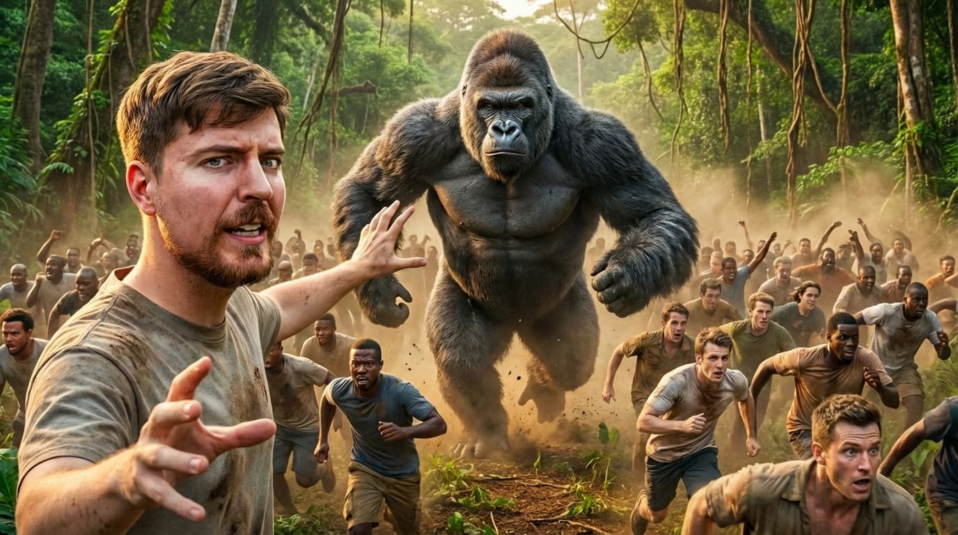 Thumbnail concept showing one gorilla against many men