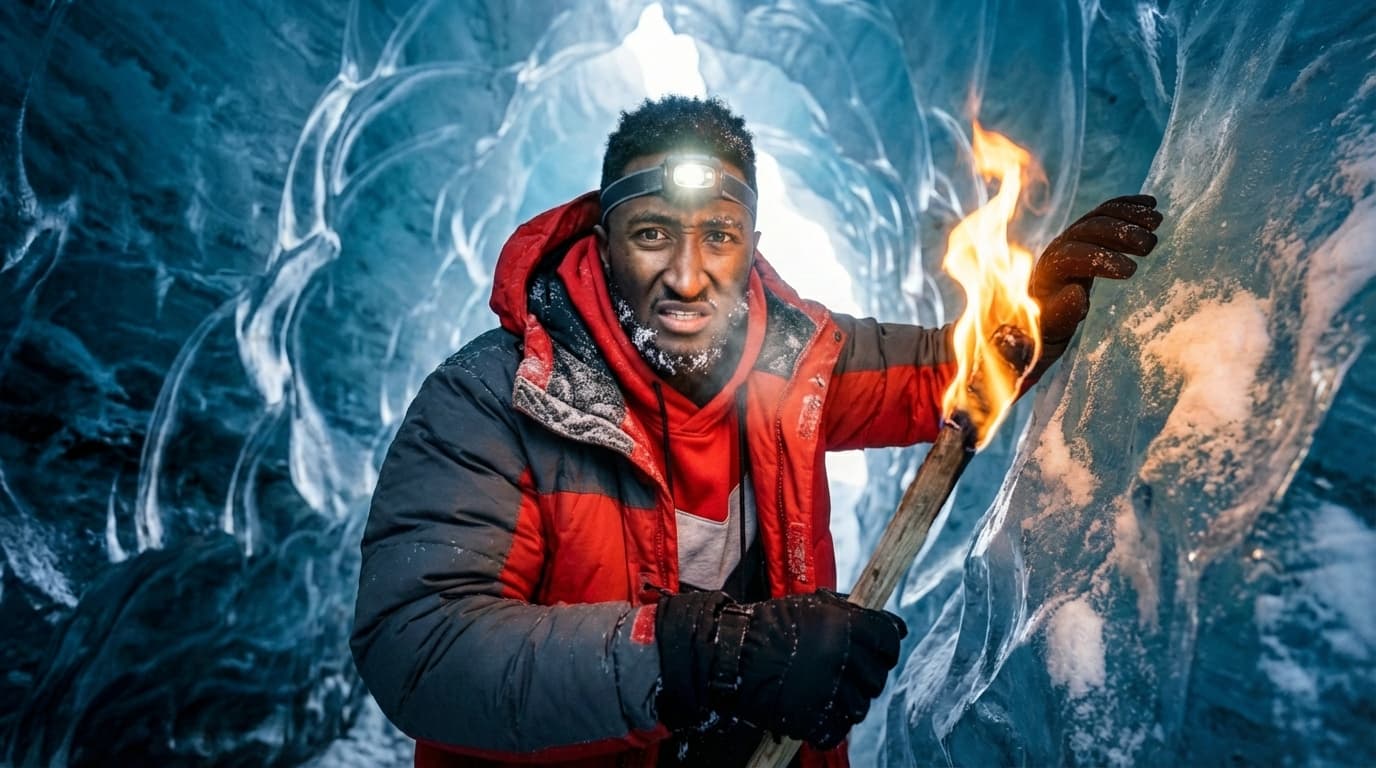 Thumbnail concept with a person looking into an ice cave